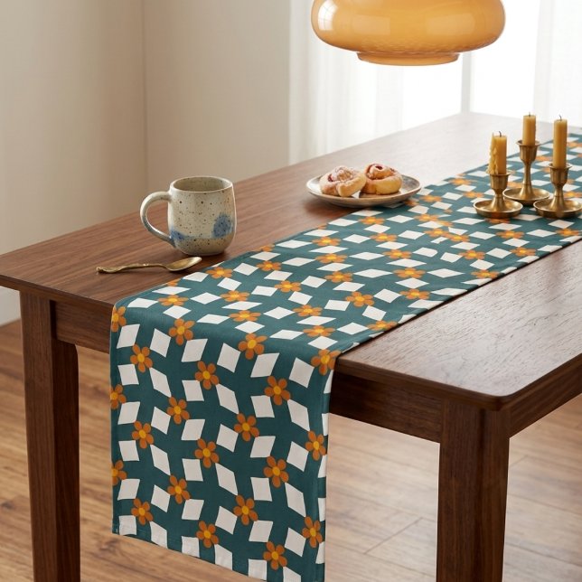 Retro 70s Teal and Orange Geometric Floral  Short Table Runner (Creator Uploaded)