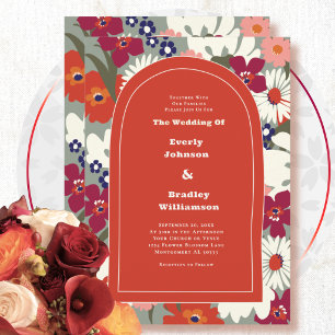 Retro 70's Terracotta Autumn Floral Boho Wedding Invitation