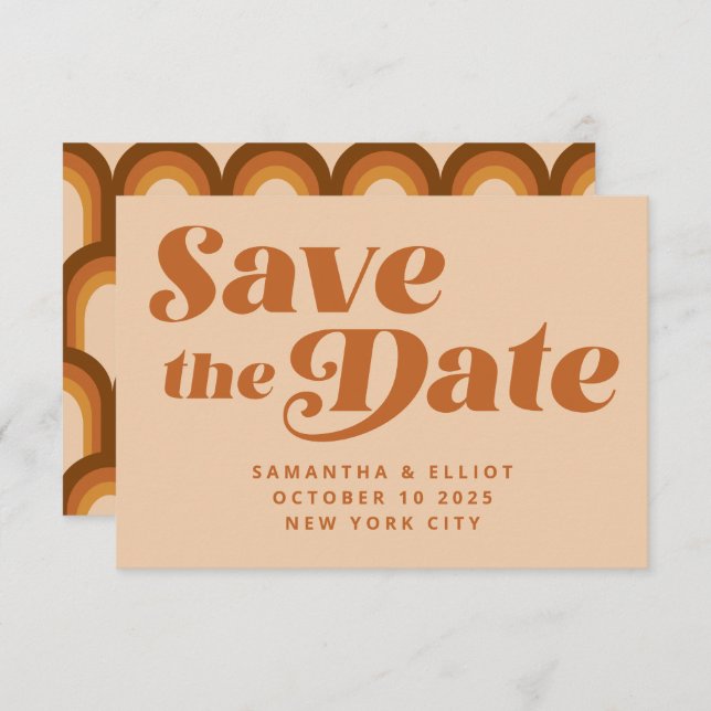 Retro 70s Typography Rainbow Pattern in Brown  Save The Date (Front/Back)