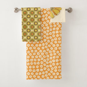Retro 70's Vintage Floral Orange Bath Towel Set