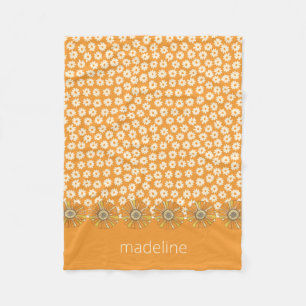 Retro 70s Vintage Floral Orange Fleece Blanket