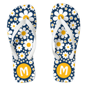 Retro 70s Vintage Floral Personalised Blue Flip Flops