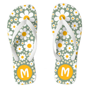 Retro 70s Vintage Floral Personalised Green Flip Flops