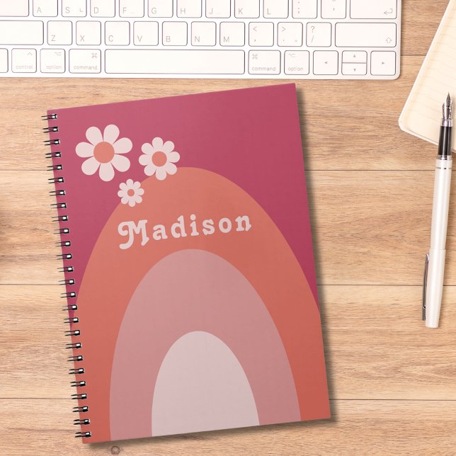 Retro 70s Vintage Personalized Name Notebook (Retro vintage daisy arch peach orange and pink custom name notepad)