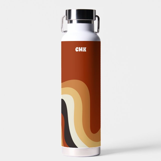 Retro 70s Wavy Burnt Orange Personalised Hippie Water Bottle (Front)