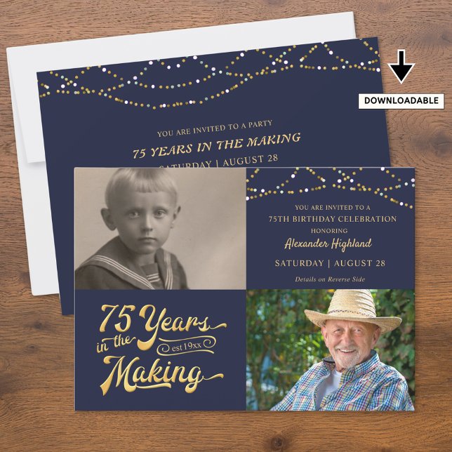 Retro 75th Birthday 2 Photo Navy Blue Invitation (Creator Uploaded)
