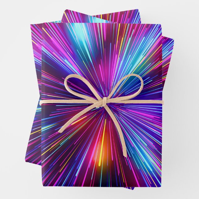 Retro 80s 90s Bright Pink Neon Glowing Lasers Wrapping Paper Sheet (In situ)