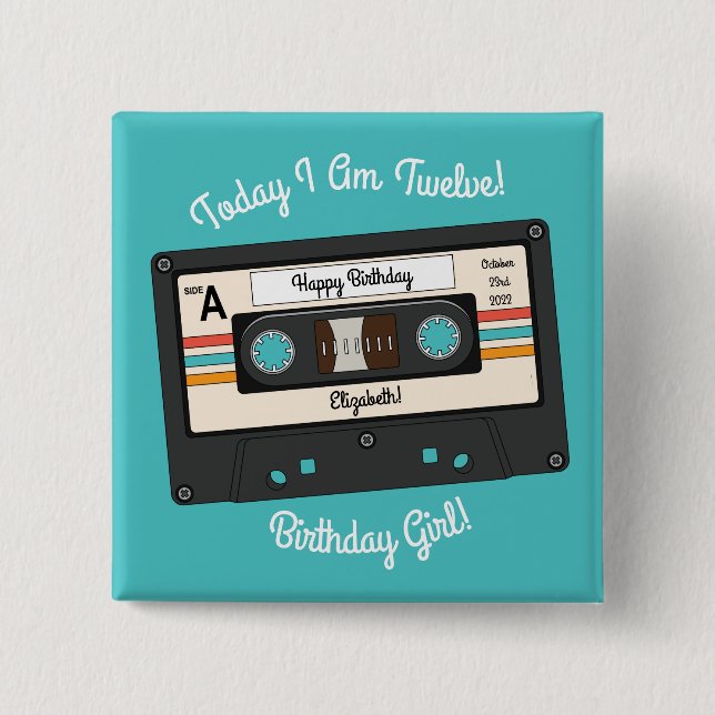 Retro 80's 90's Cassette Tape Music Birthday Party 15 Cm Square Badge (Front)