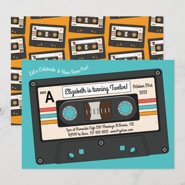 Retro 80's 90's Cassette Tape Music Birthday Party Invitation (Front/Back)