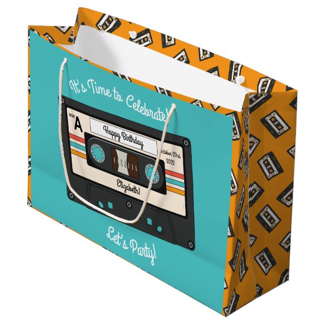 Retro 80's 90's Cassette Tape Music Birthday Party Large Gift Bag (Front Angled)
