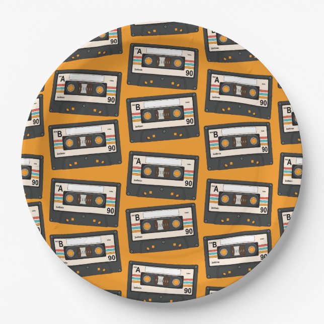 Retro 80's 90's Cassette Tape Music Birthday Party Paper Plate (Front)