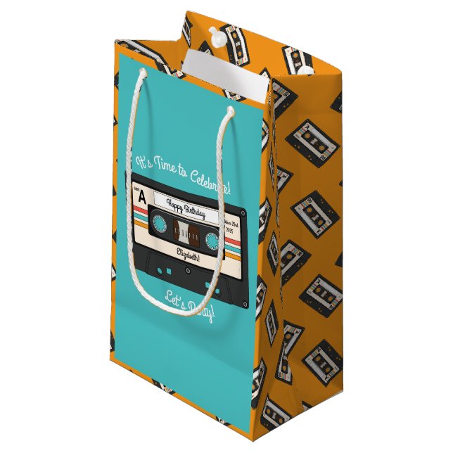 Retro 80's 90's Cassette Tape Music Birthday Party Small Gift Bag (Front Angled)