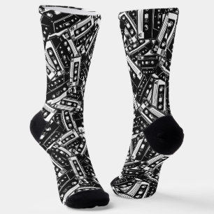 Retro 80s 90s Cassette Tape Pattern Black Socks