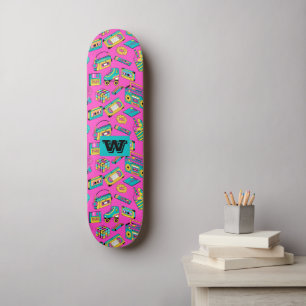 Retro 80s 90s Fun Colourful Tech Neon Pink Monogra Skateboard