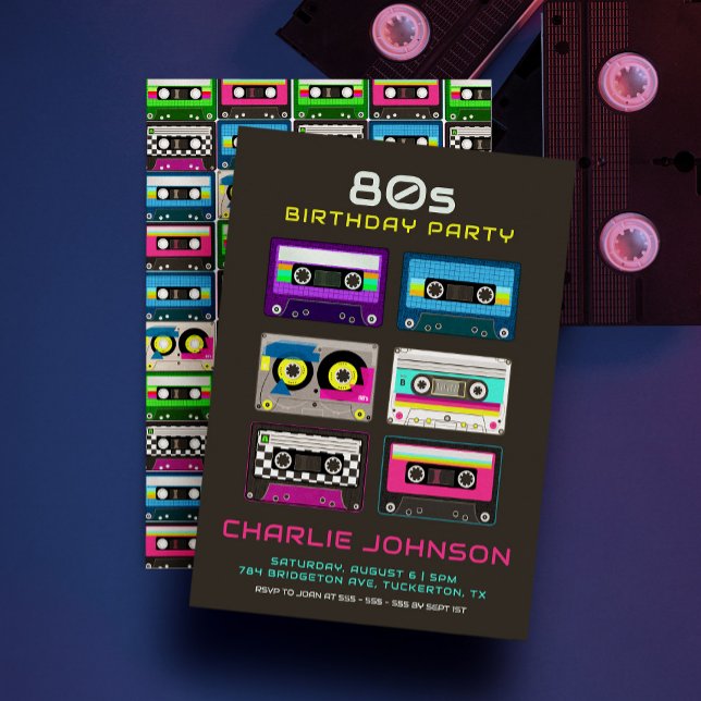 Retro 80s 90s Funky Neon Cassette Tape Birthday Invitation (Creator Uploaded)