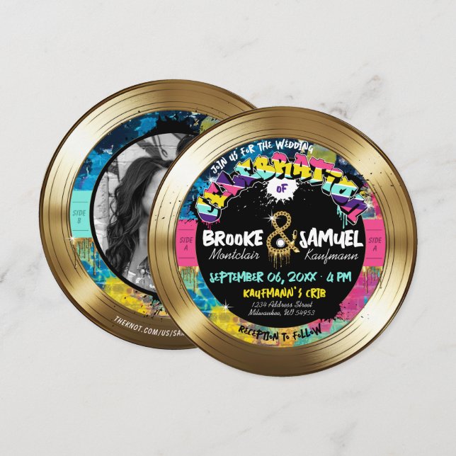 Retro 80's 90's Hip Hop Photo Gold Record Wedding Invitation (Front/Back)