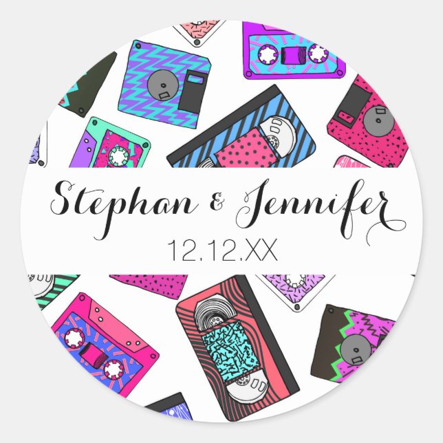 Retro 80's 90's Neon Patterned Cassette Tapes Classic Round Sticker (Front)