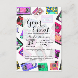 Retro 80's 90's Neon Patterned Cassette Tapes Invitation
