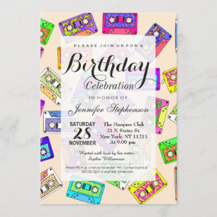 Retro 80's 90's Neon Patterned Cassette Tapes Invitation