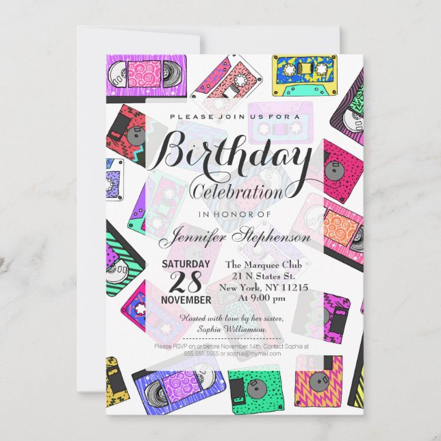 Retro 80's 90's Neon Patterned Cassette Tapes Invitation (Front)