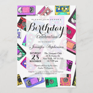 Retro 80's 90's Neon Patterned Cassette Tapes Invitation