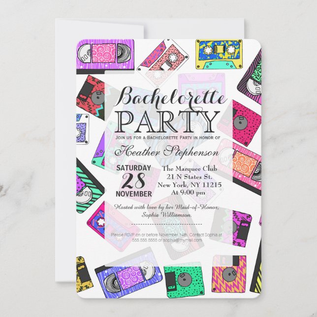 Retro 80's 90's Neon Patterned Cassette Tapes Invitation (Front)