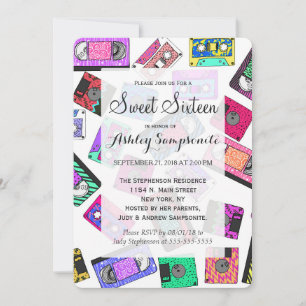 Retro 80's 90's Neon Patterned Cassette Tapes Invitation