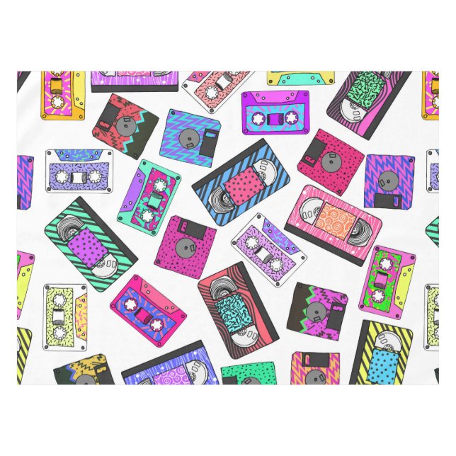 Retro 80's 90's Neon Patterned Cassette Tapes Tablecloth (Front (Horizontal))