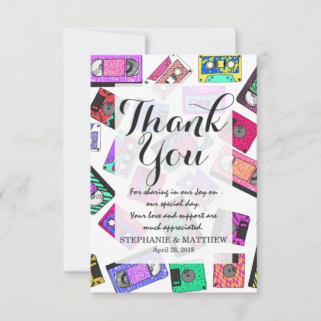 Retro 80's 90's Neon Patterned Cassette Tapes Thank You Card (Front)