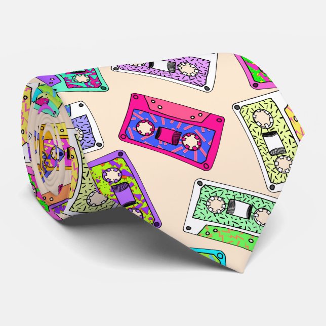 Retro 80's 90's Neon Patterned Cassette Tapes Tie (Rolled)