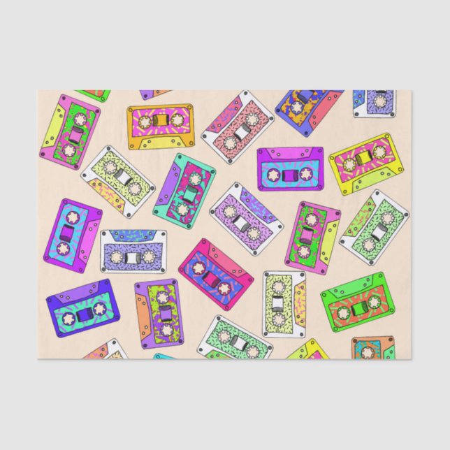 Retro 80's 90's Neon Patterned Cassette Tapes Tissue Paper (Front)