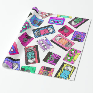 Retro 80's 90's Neon Patterned Cassette Tapes Wrapping Paper