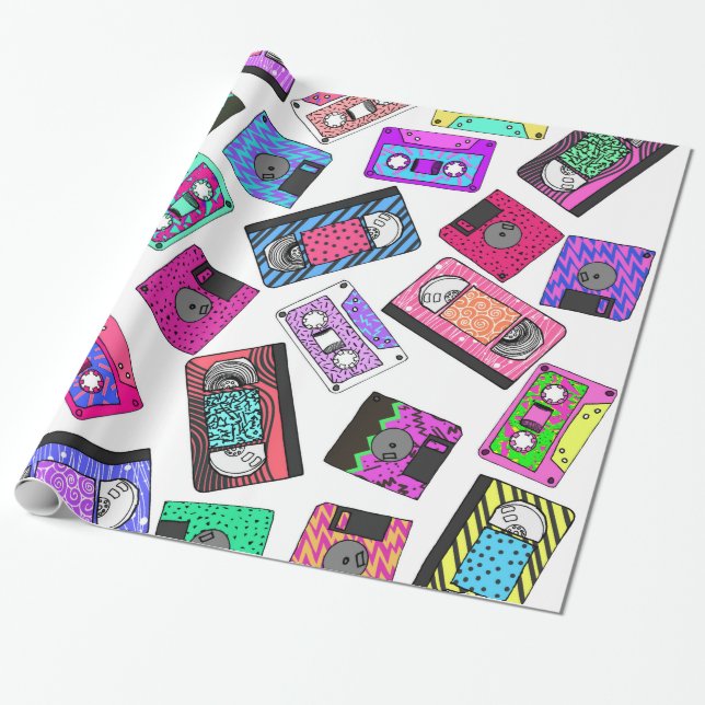 Retro 80's 90's Neon Patterned Cassette Tapes Wrapping Paper (Unrolled)