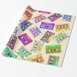 Retro 80's 90's Neon Patterned Cassette Tapes Wrapping Paper