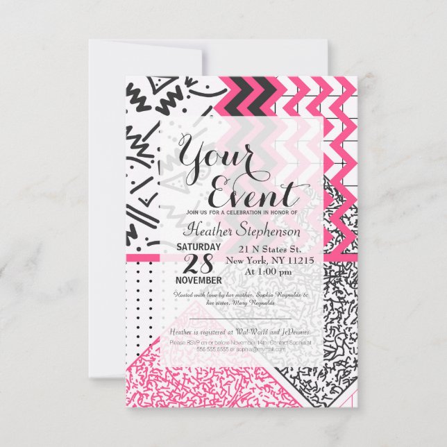 Retro 80's 90's Neon Pink Black White Scribbles Invitation (Front)