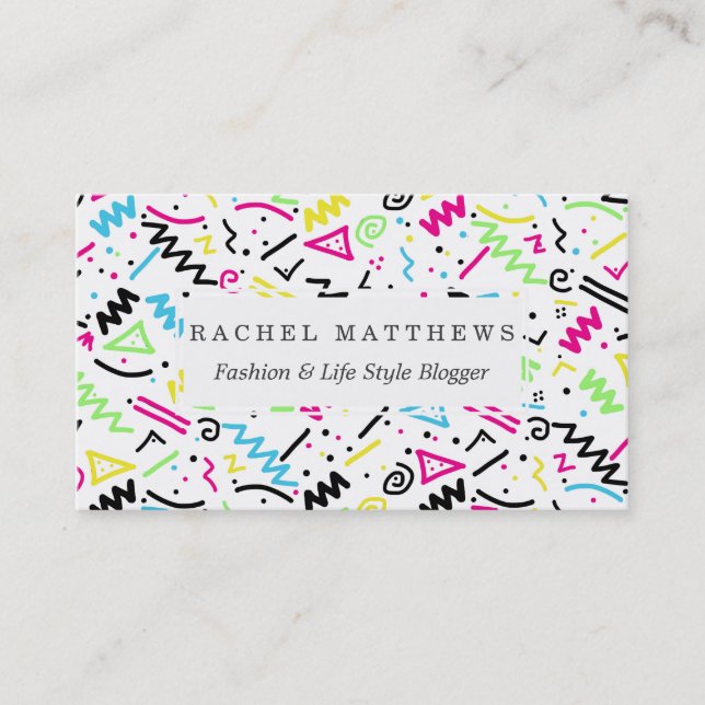 Retro 80's 90's Neon Pink Green Blue Yellow Doodle Business Card (Front)