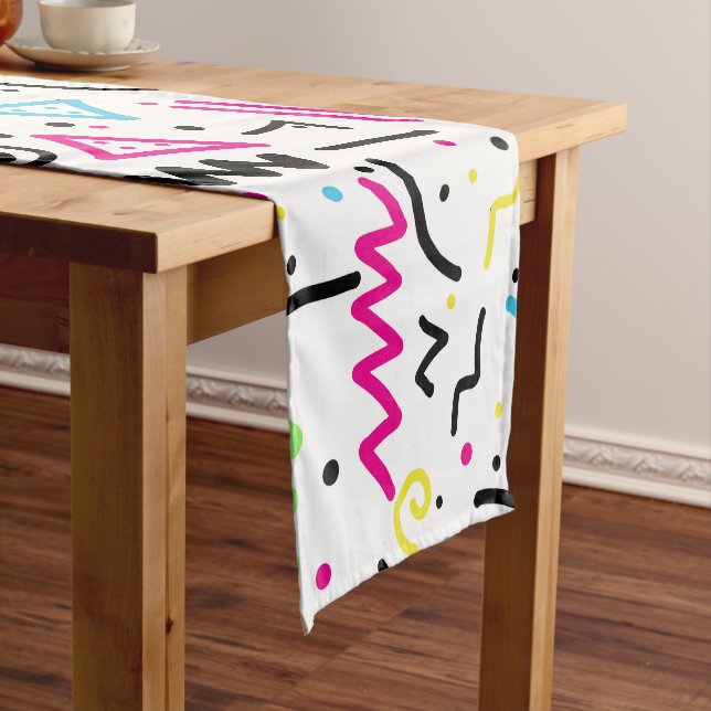 Retro 80's 90's Neon Pink Green Blue Yellow Doodle Short Table Runner (In Situ)