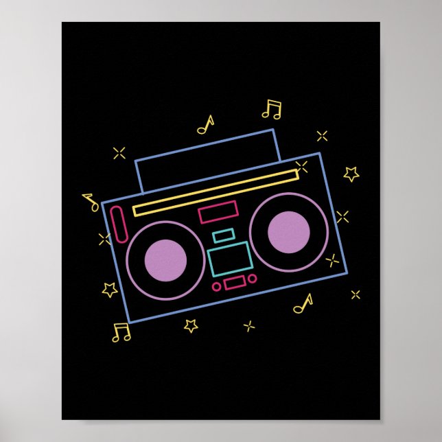 Retro 80s 90s Neon Radio Ghettoblaster Boombox Poster (Front)