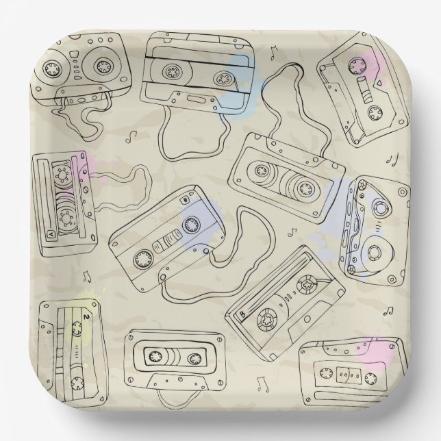 Retro 80s 90s Nostalgic Cassette Mix Tape Pattern Paper Plate (Front)