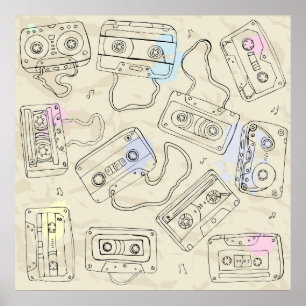 Retro 80s 90s Nostalgic Cassette Mix Tape Pattern Poster