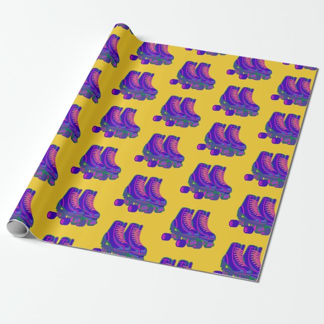 Retro 80s 90s Roller Skates Pattern in Yellow Wrapping Paper (Unrolled)