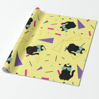Retro 80s Black Cat Neon Geometric Wrapping Paper