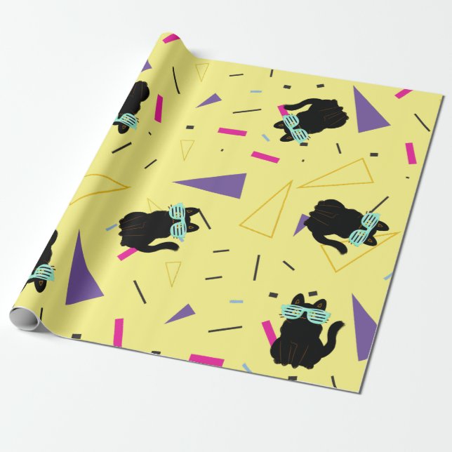Retro 80s Black Cat Neon Geometric  Wrapping Paper (Unrolled)