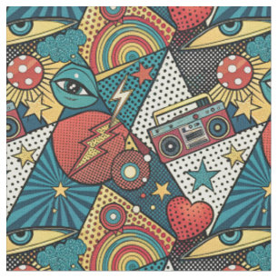 Retro 80s Boombox Bold Pop Art Comic Book Pattern Fabric
