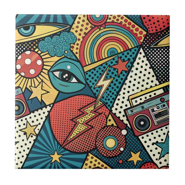 Retro 80s Boombox Bold Pop Art Comic Book Pattern Tile (Front)