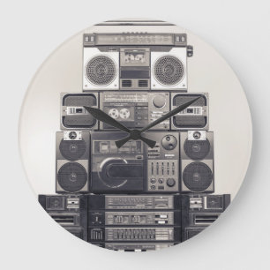 Retro 80s Cassette Recorders Pattern. Large Clock