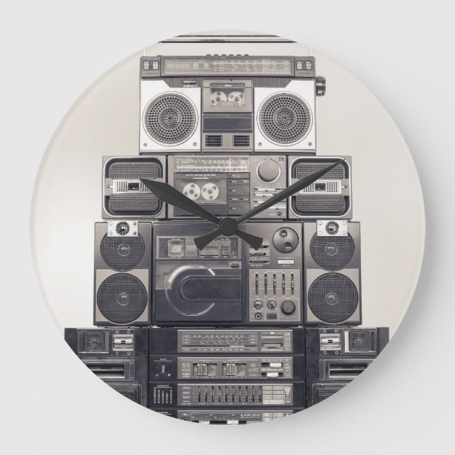 Retro 80s Cassette Recorders Pattern. Large Clock (Front)