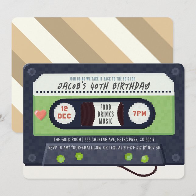 Retro 80's Cassette Tape Music Green Birthday Invitation (Front/Back)