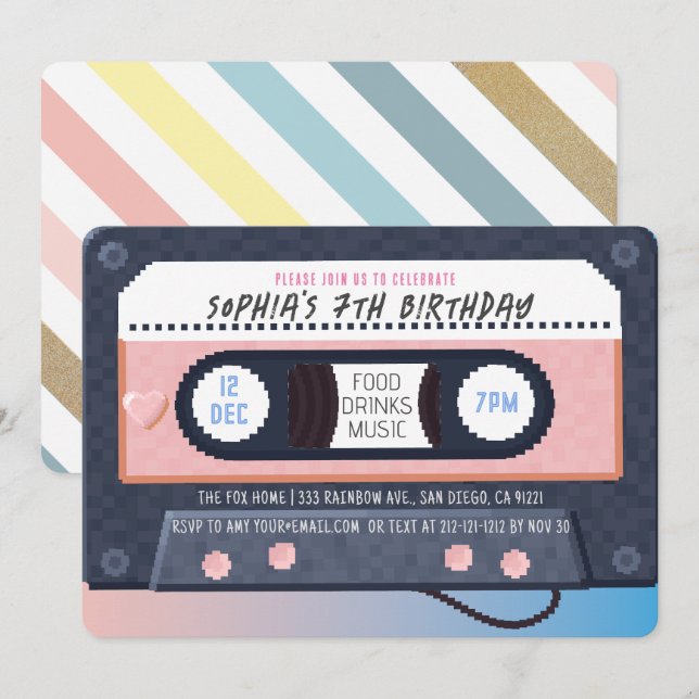 Retro 80's Cassette Tape Music Pink Birthday Invitation (Front/Back)