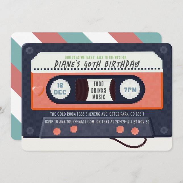 Retro 80's Cassette Tape Music Red Birthday Invitation (Front/Back)